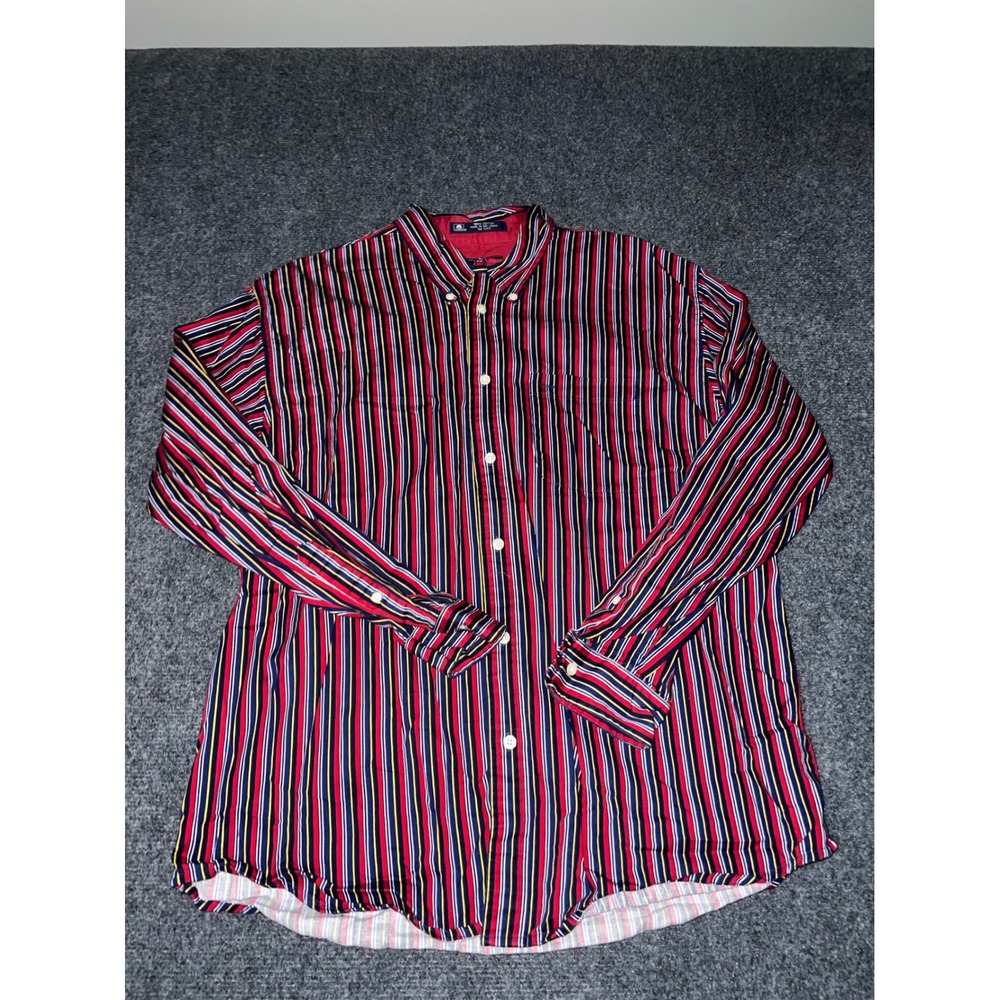 John Ashford Mens Large Red Blue Yellow‎ Striped Cotton Button Down Shirt L